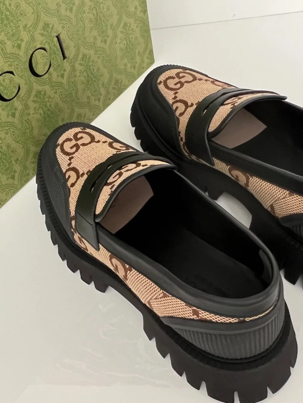 Gucci Men's Shoes Maxi GG Slip On Loafers Rubber Fabric Leather Size 10.5 US 11